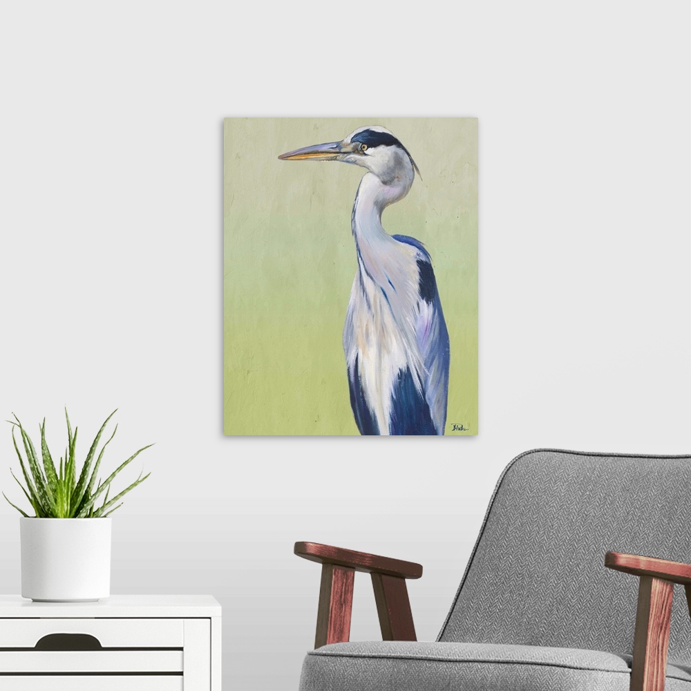 A modern room featuring Contemporary painting of a Great Blue Heron against a pale green background.