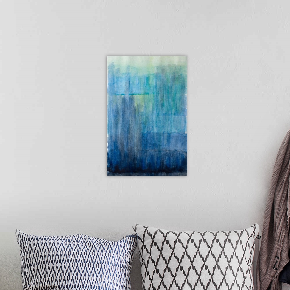 A bohemian room featuring A contemporary abstract painting with small, layered blue and green brushstrokes that are lighter...