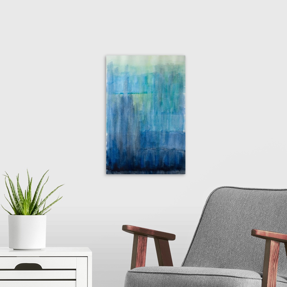 A modern room featuring A contemporary abstract painting with small, layered blue and green brushstrokes that are lighter...