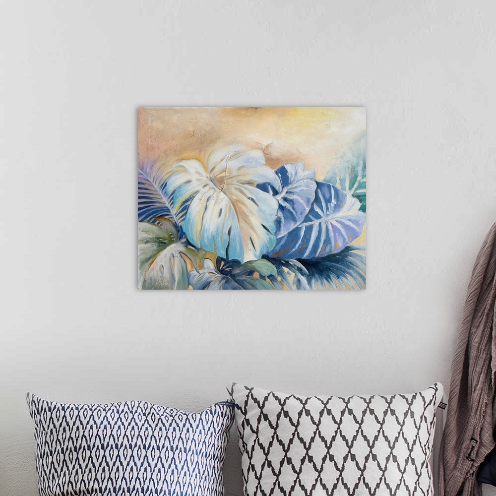 A bohemian room featuring A contemporary painting of a cluster of blue leafed plants.