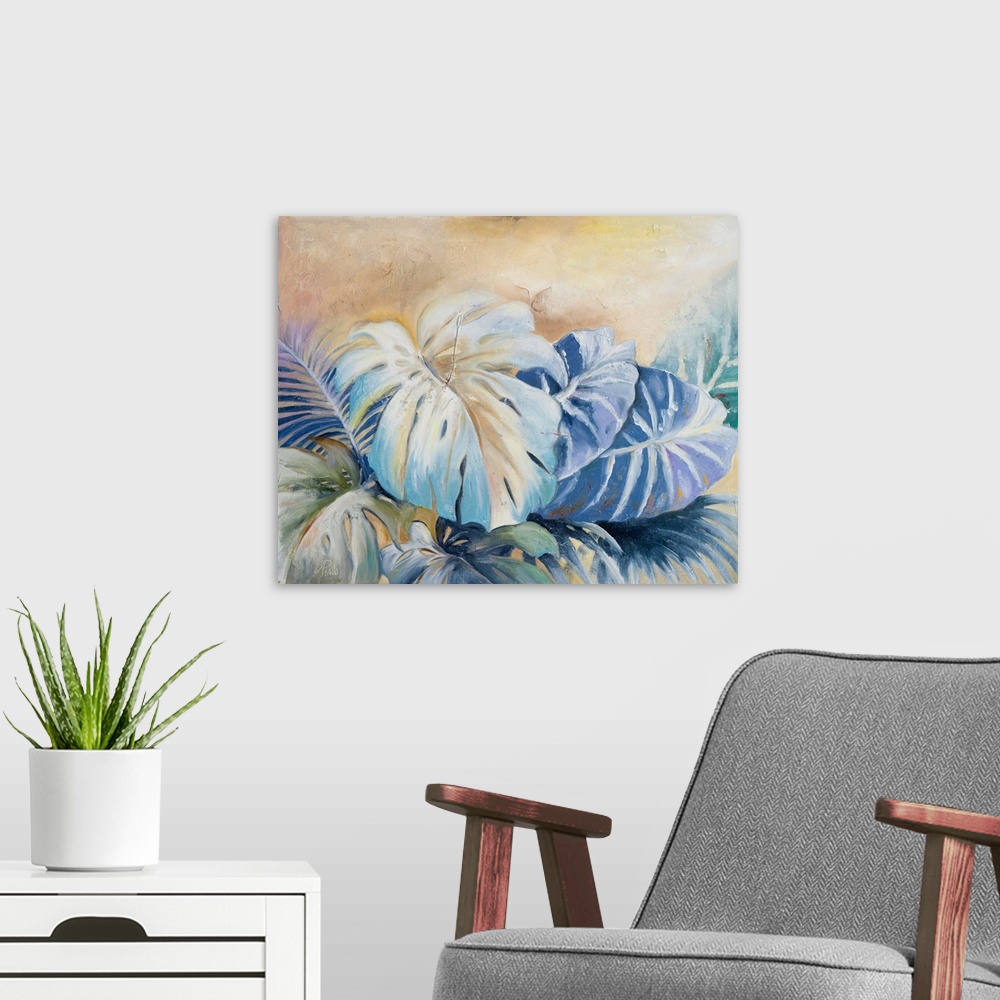 A modern room featuring A contemporary painting of a cluster of blue leafed plants.