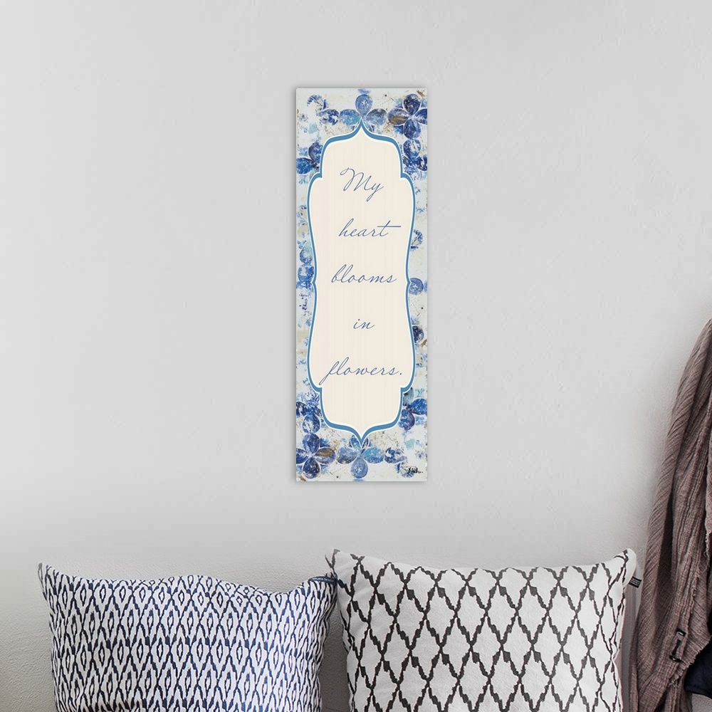 A bohemian room featuring "My Heart Blooms in Flowers."