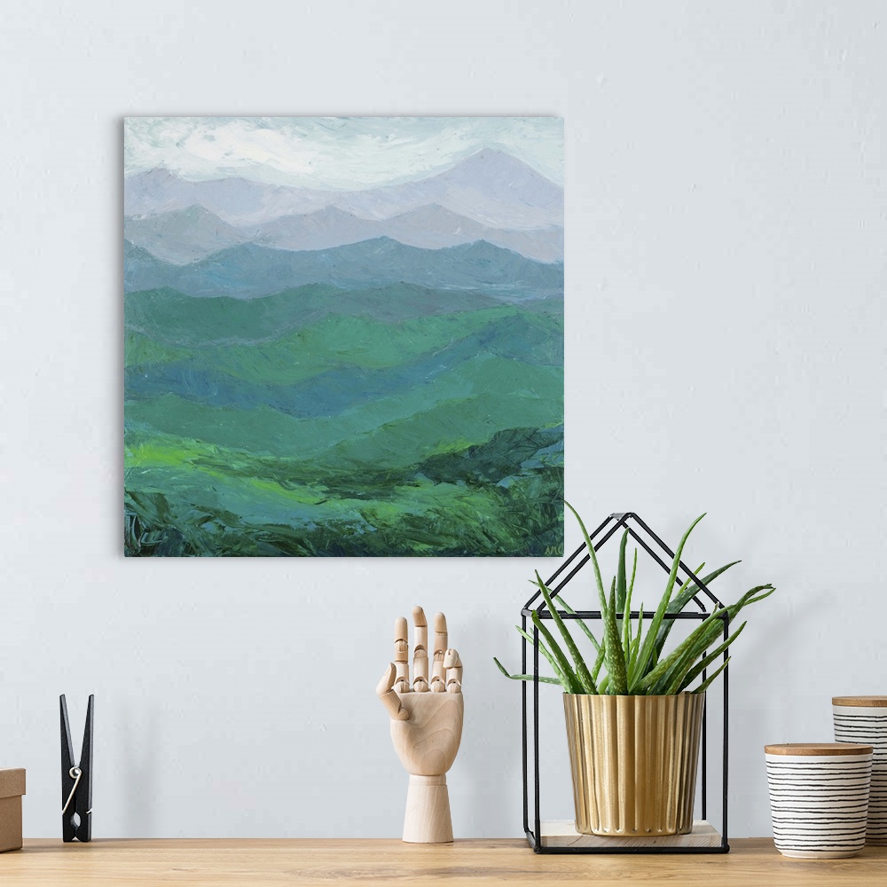A bohemian room featuring Landscape painting of the Great Smokies in North Carolina and Tennessee.