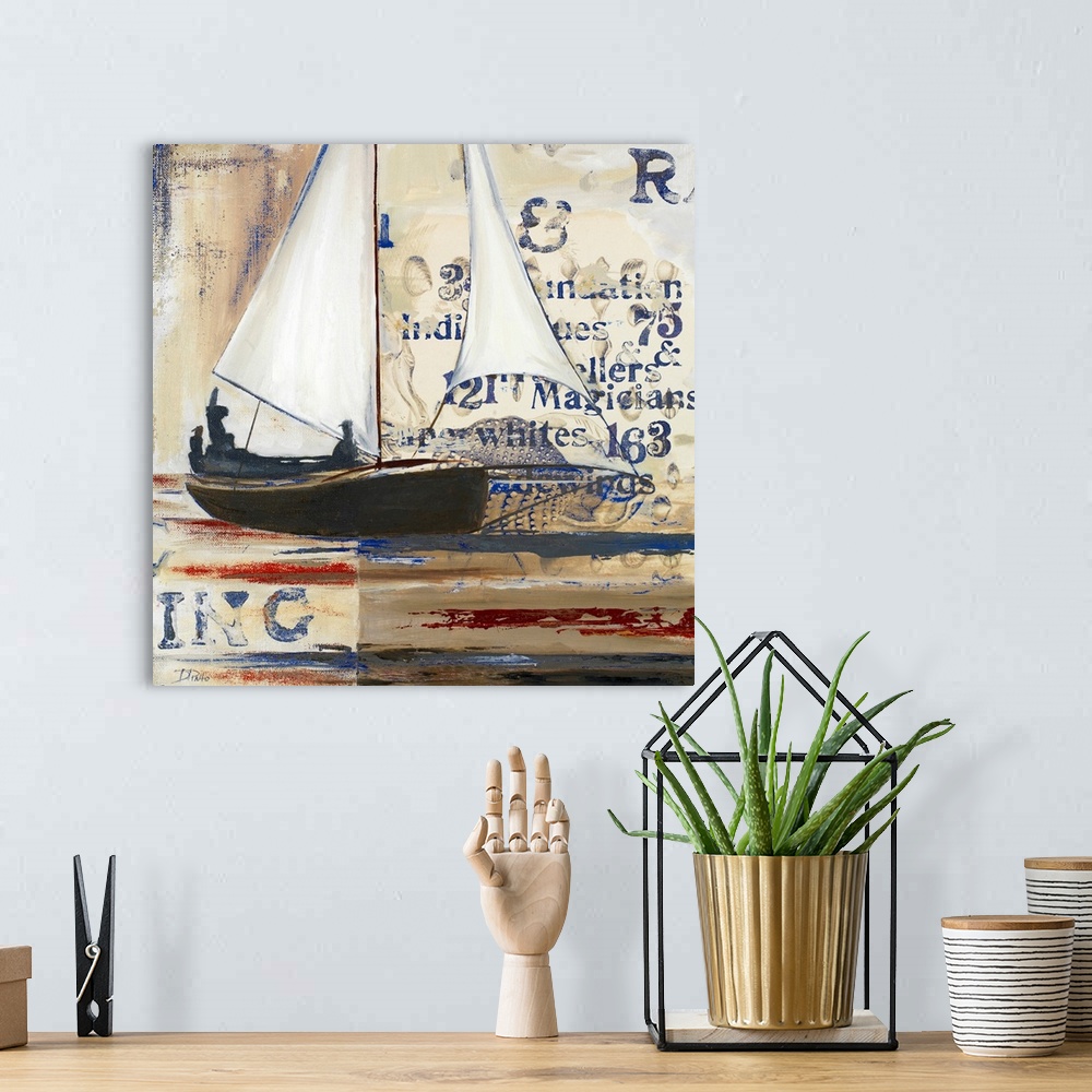 A bohemian room featuring Square painting of a sailboat on canvas with abstract writing and layers of paint behind it.
