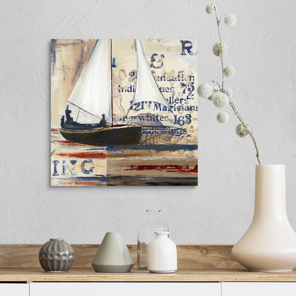 A farmhouse room featuring Square painting of a sailboat on canvas with abstract writing and layers of paint behind it.
