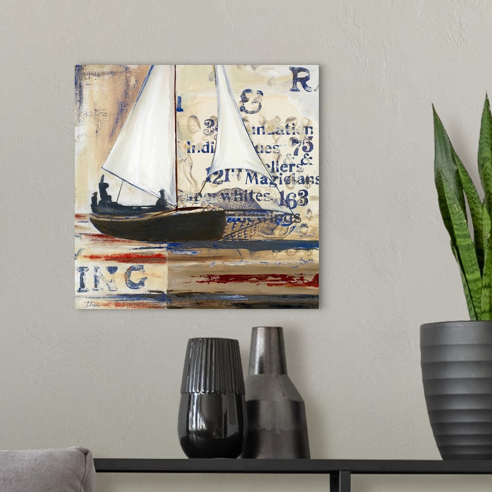 A modern room featuring Square painting of a sailboat on canvas with abstract writing and layers of paint behind it.