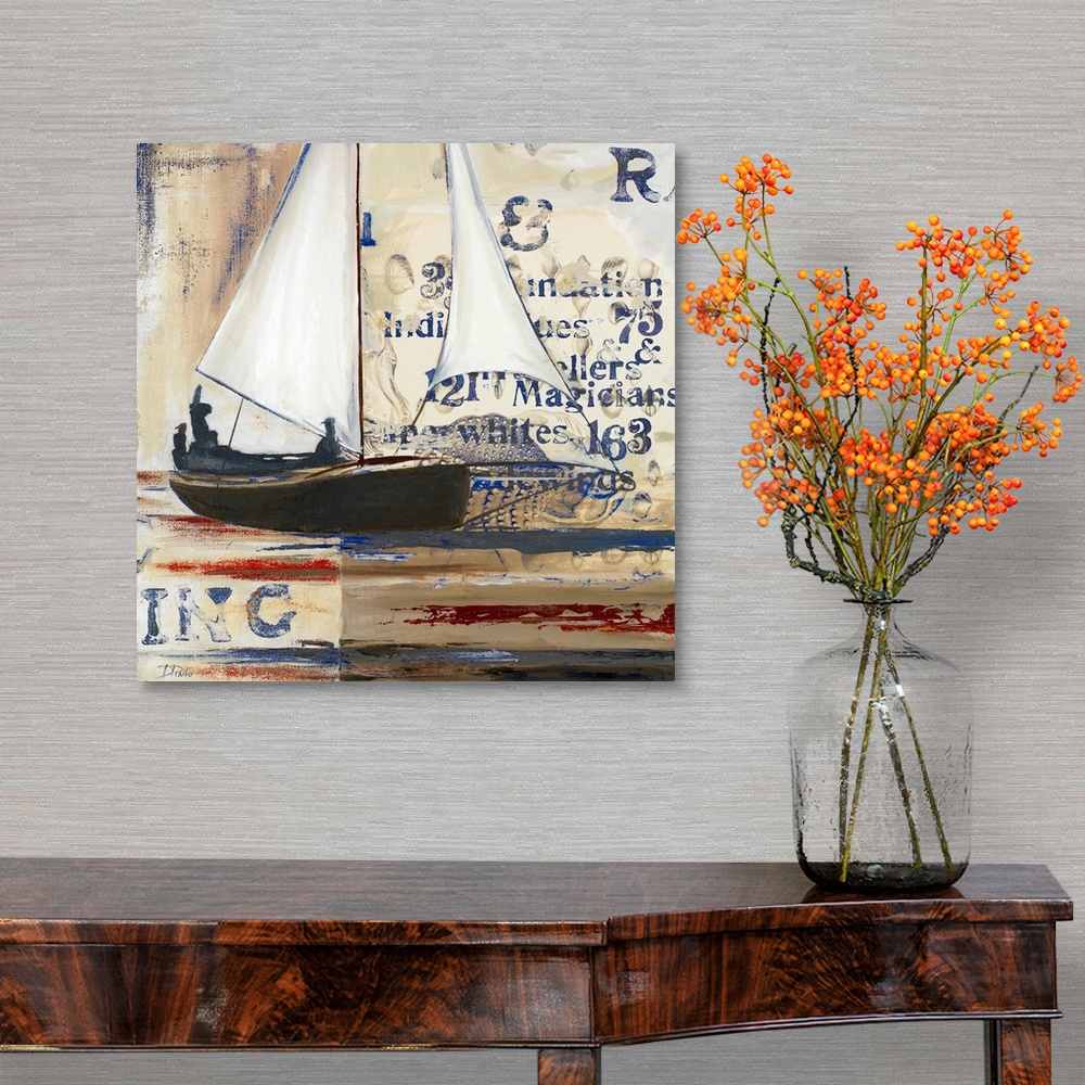 A traditional room featuring Square painting of a sailboat on canvas with abstract writing and layers of paint behind it.