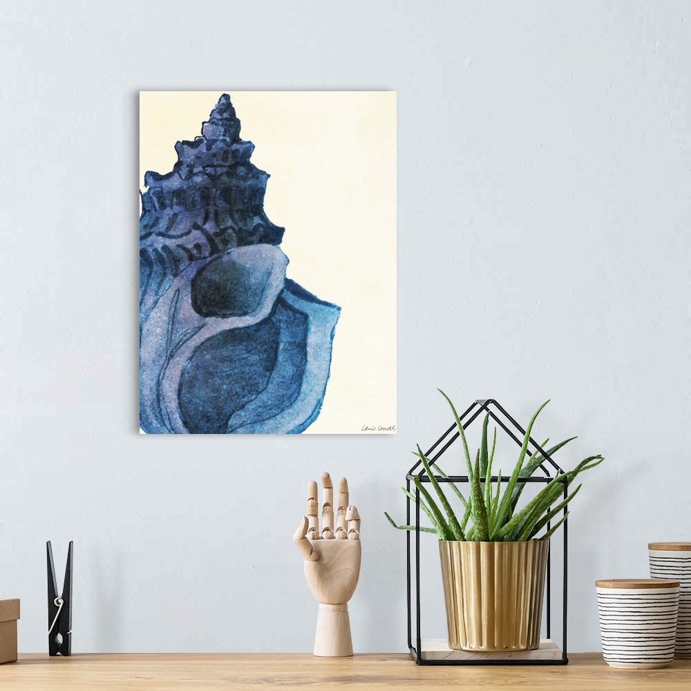A bohemian room featuring Painting of a blue spiral shell against a cream background.