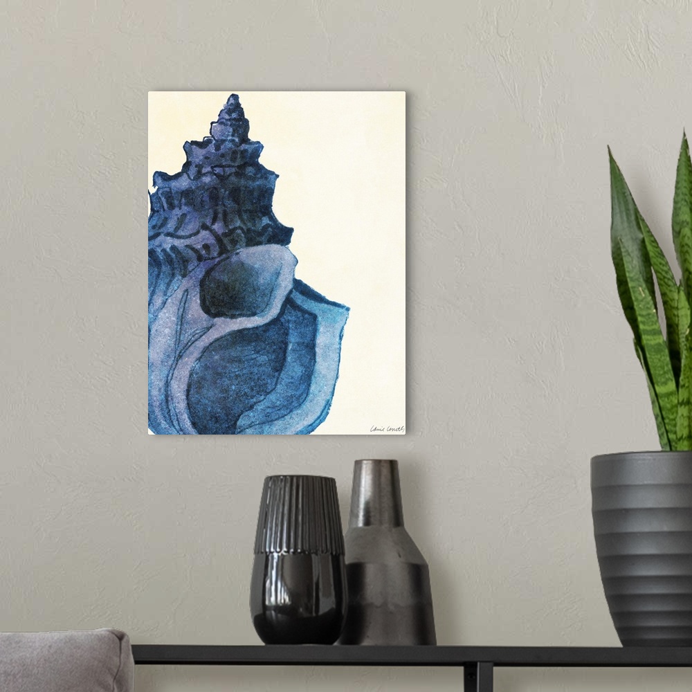 A modern room featuring Painting of a blue spiral shell against a cream background.