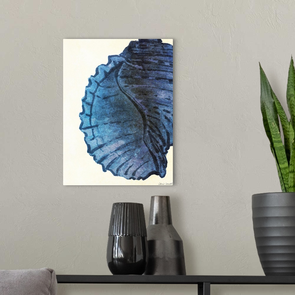 A modern room featuring Painting of a blue spiral shell against a cream background.