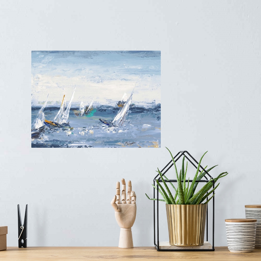 A bohemian room featuring Contemporary painting of sailboats in the middle of the ocean with rough waves and visual paint t...
