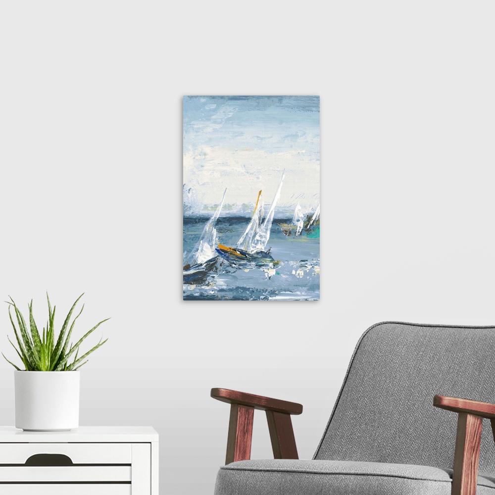 A modern room featuring Contemporary painting of sailboats in the middle of the ocean with rough waves and visual paint t...