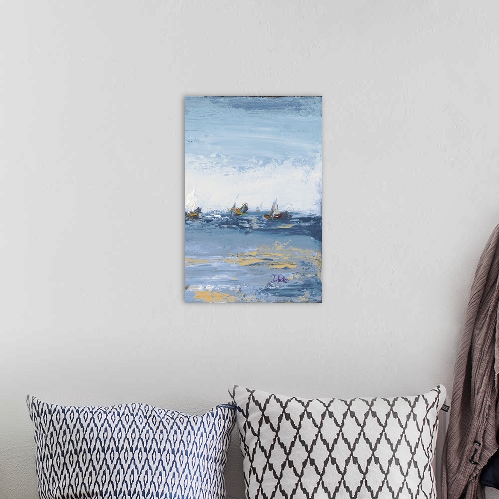 A bohemian room featuring Contemporary painting of sailboats in the distance of the ocean with rough waves and visual paint...
