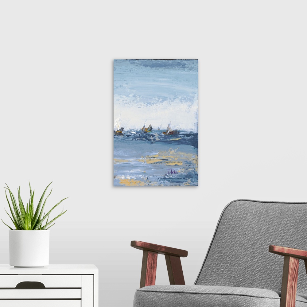 A modern room featuring Contemporary painting of sailboats in the distance of the ocean with rough waves and visual paint...