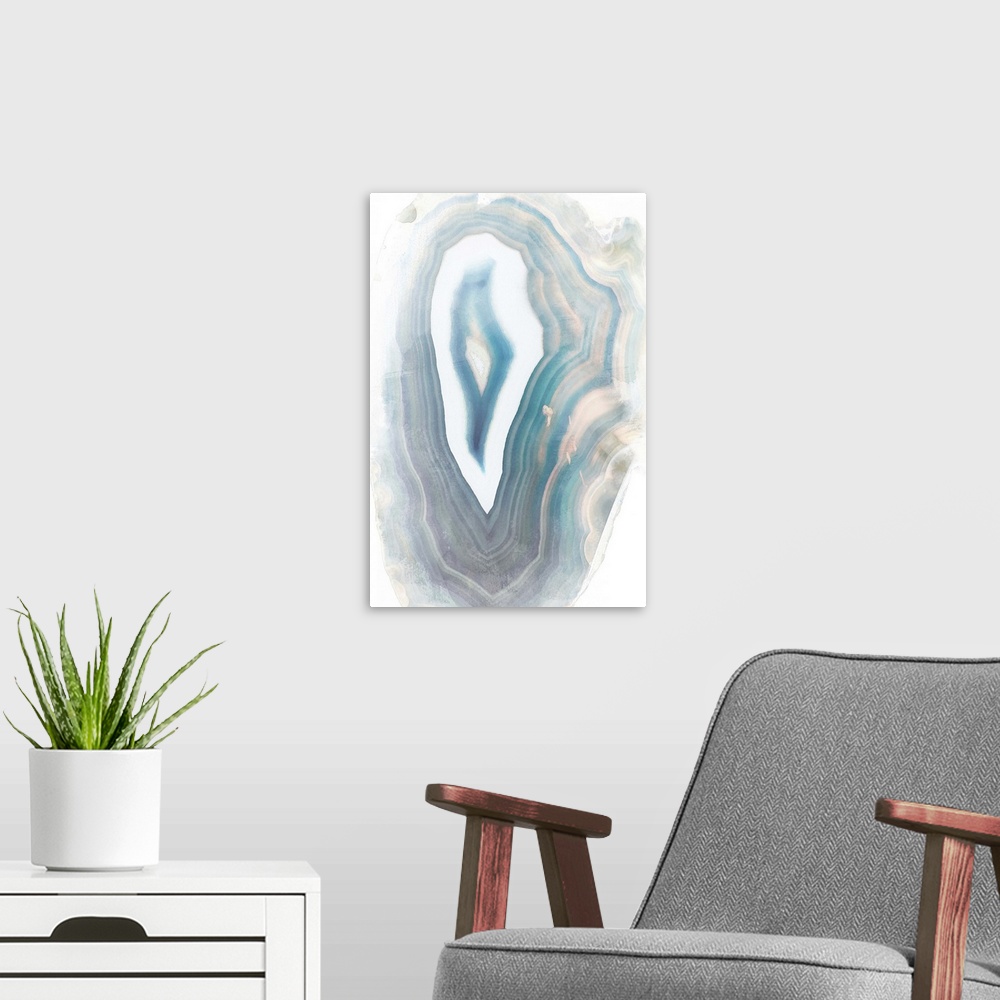 A modern room featuring Watercolor painting of a blue polished agate stone.