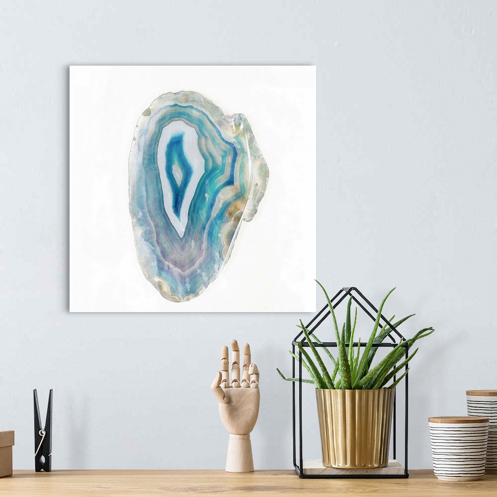 A bohemian room featuring Watercolor painting of a blue polished agate stone.