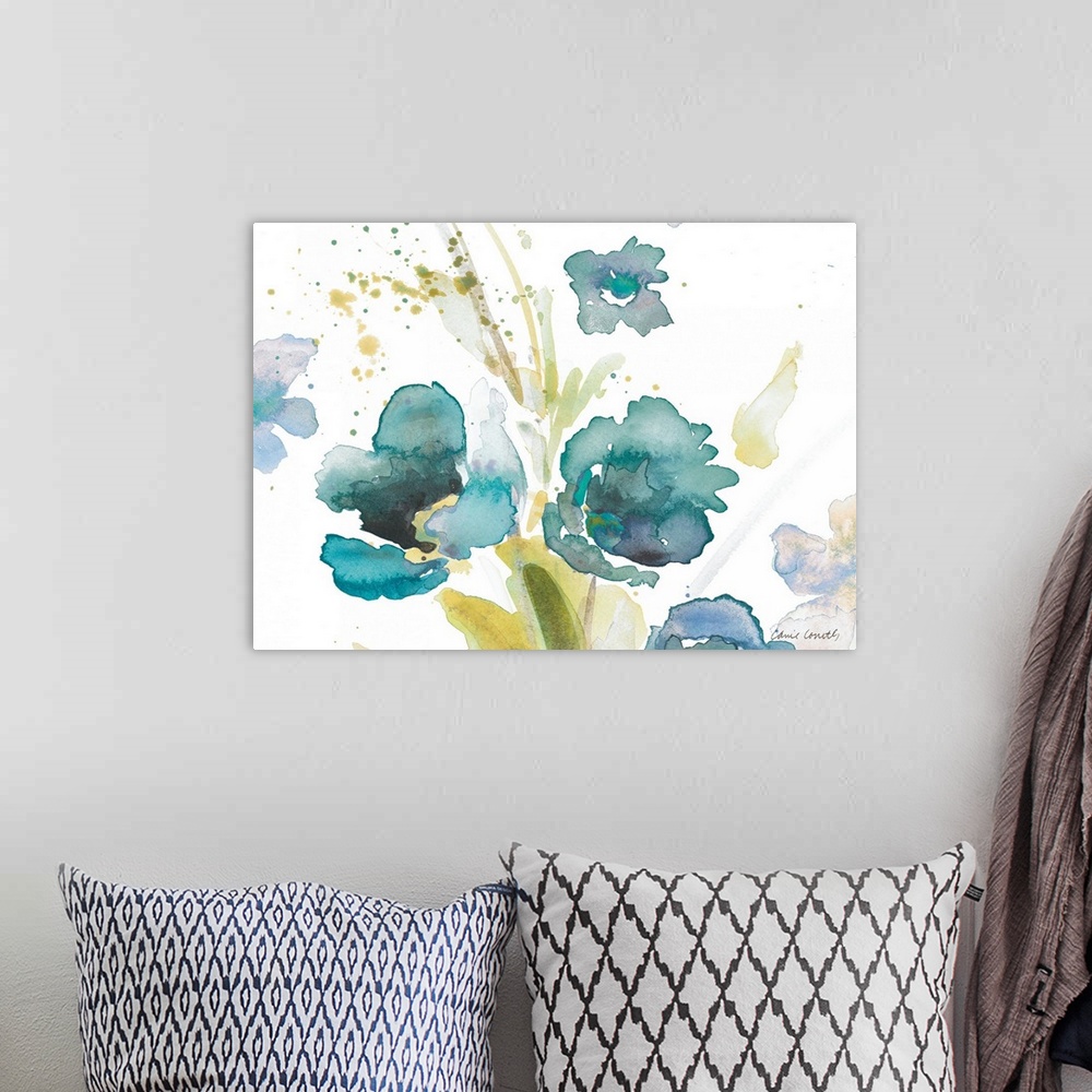 A bohemian room featuring Blue Watercolor Modern Poppies I