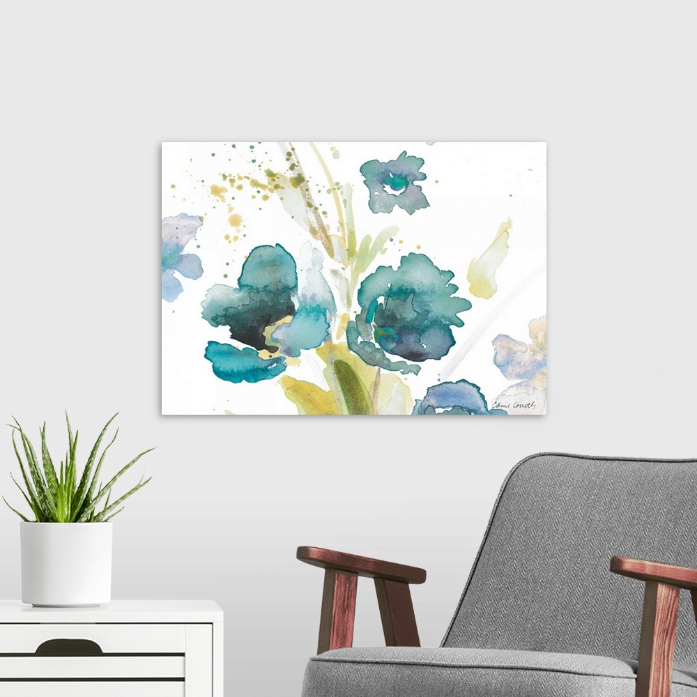 A modern room featuring Blue Watercolor Modern Poppies I