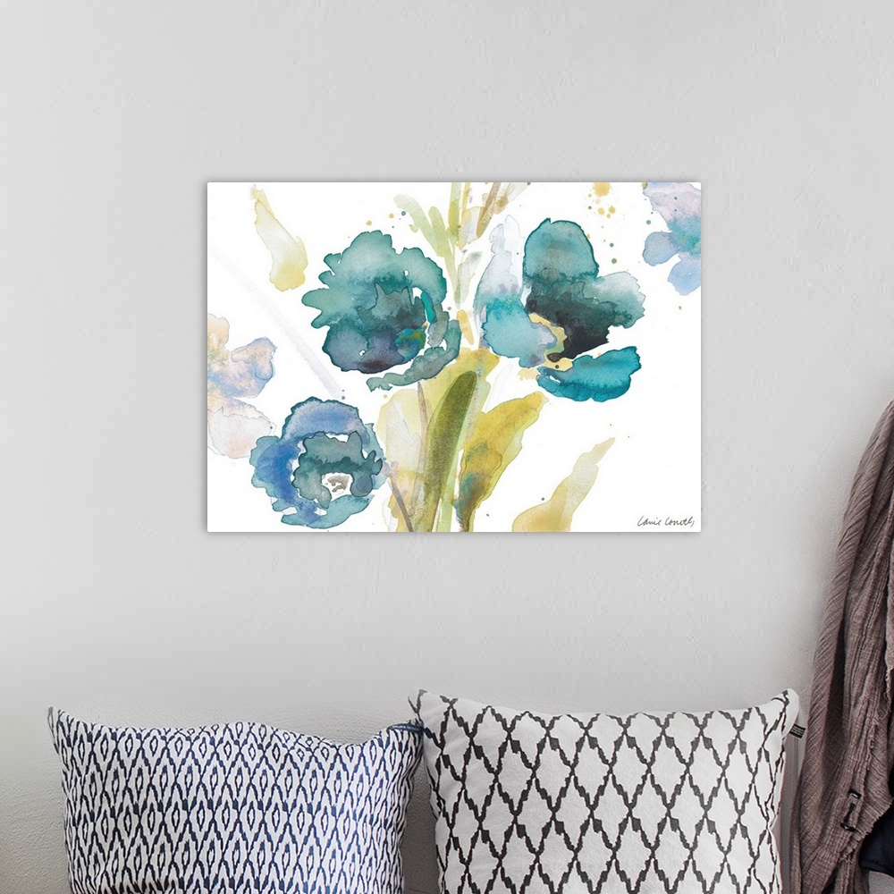 A bohemian room featuring Blue Watercolor Modern Poppies II
