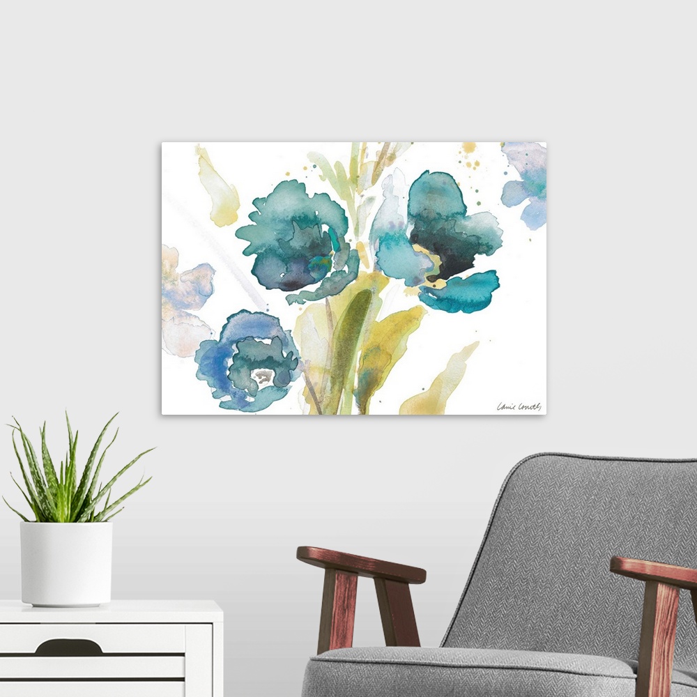 A modern room featuring Blue Watercolor Modern Poppies II