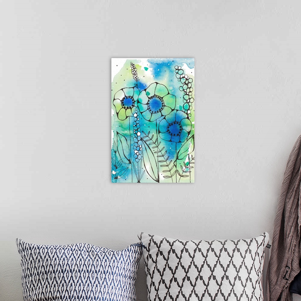 A bohemian room featuring Blue Watercolor Wildflowers I