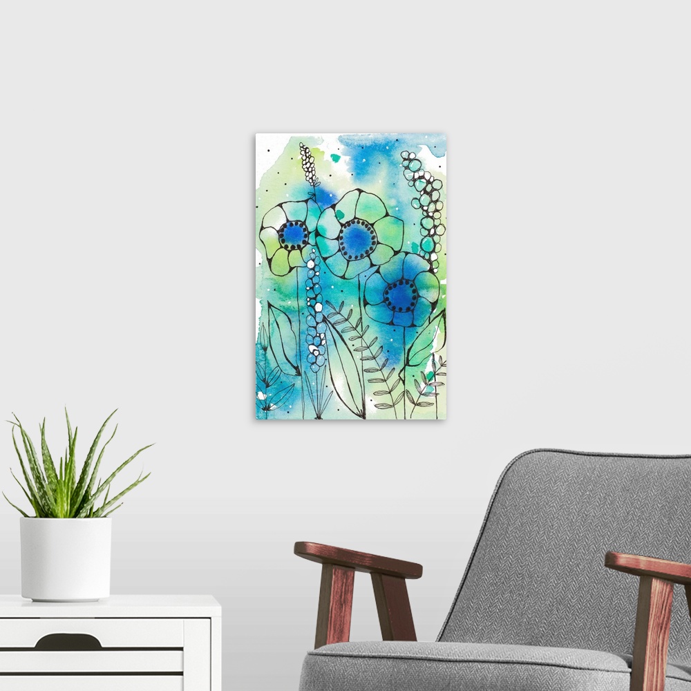 A modern room featuring Blue Watercolor Wildflowers I