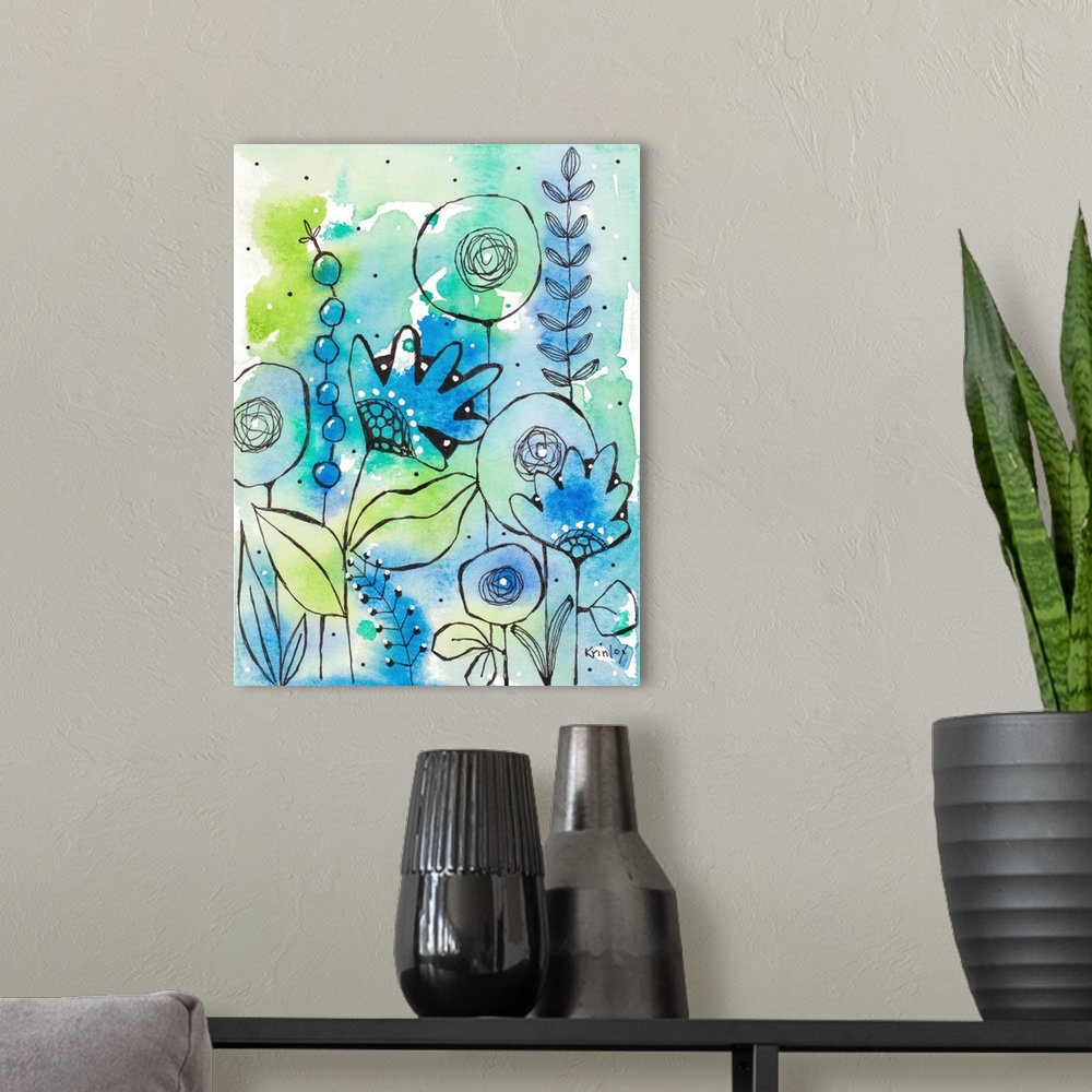 A modern room featuring Blue Watercolor Wildflowers II