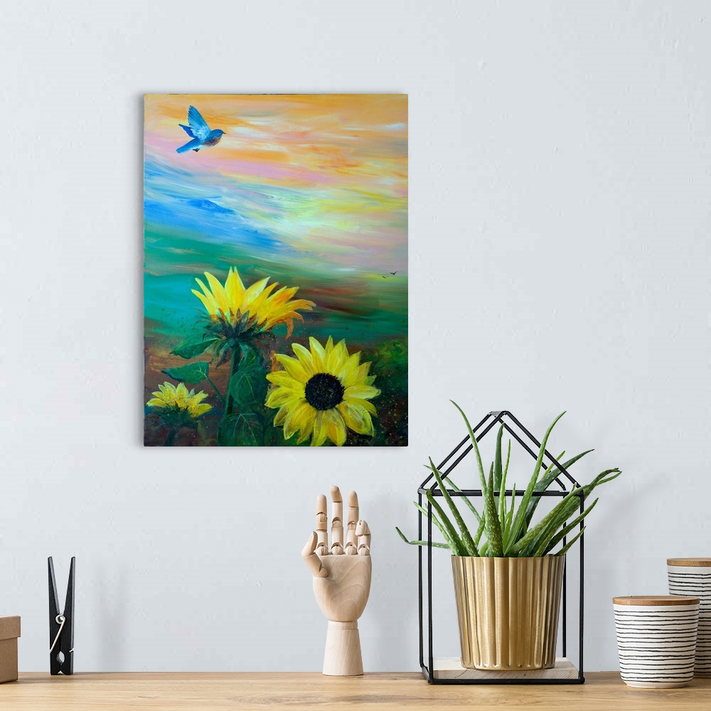 A bohemian room featuring BlueBird Flying Over Sunflowers