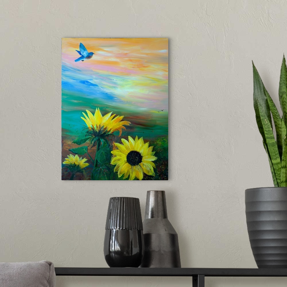 A modern room featuring BlueBird Flying Over Sunflowers