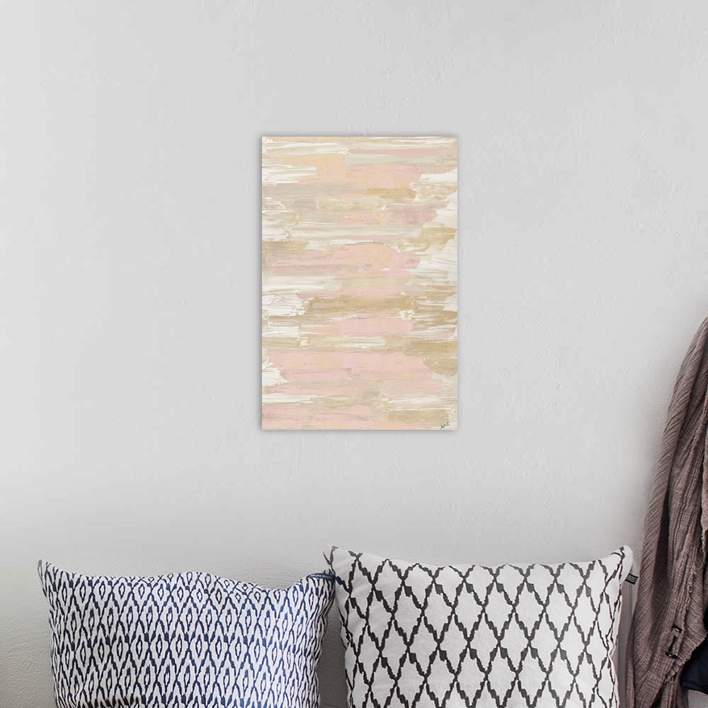 A bohemian room featuring An abstract painting with horizontal brushstrokes in shades of pink, gold, gray, and white with m...