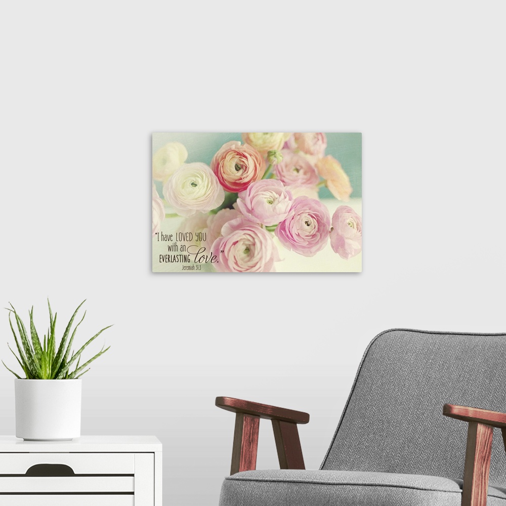 A modern room featuring Pastel-toned image of pink flowers with a Bible verse.