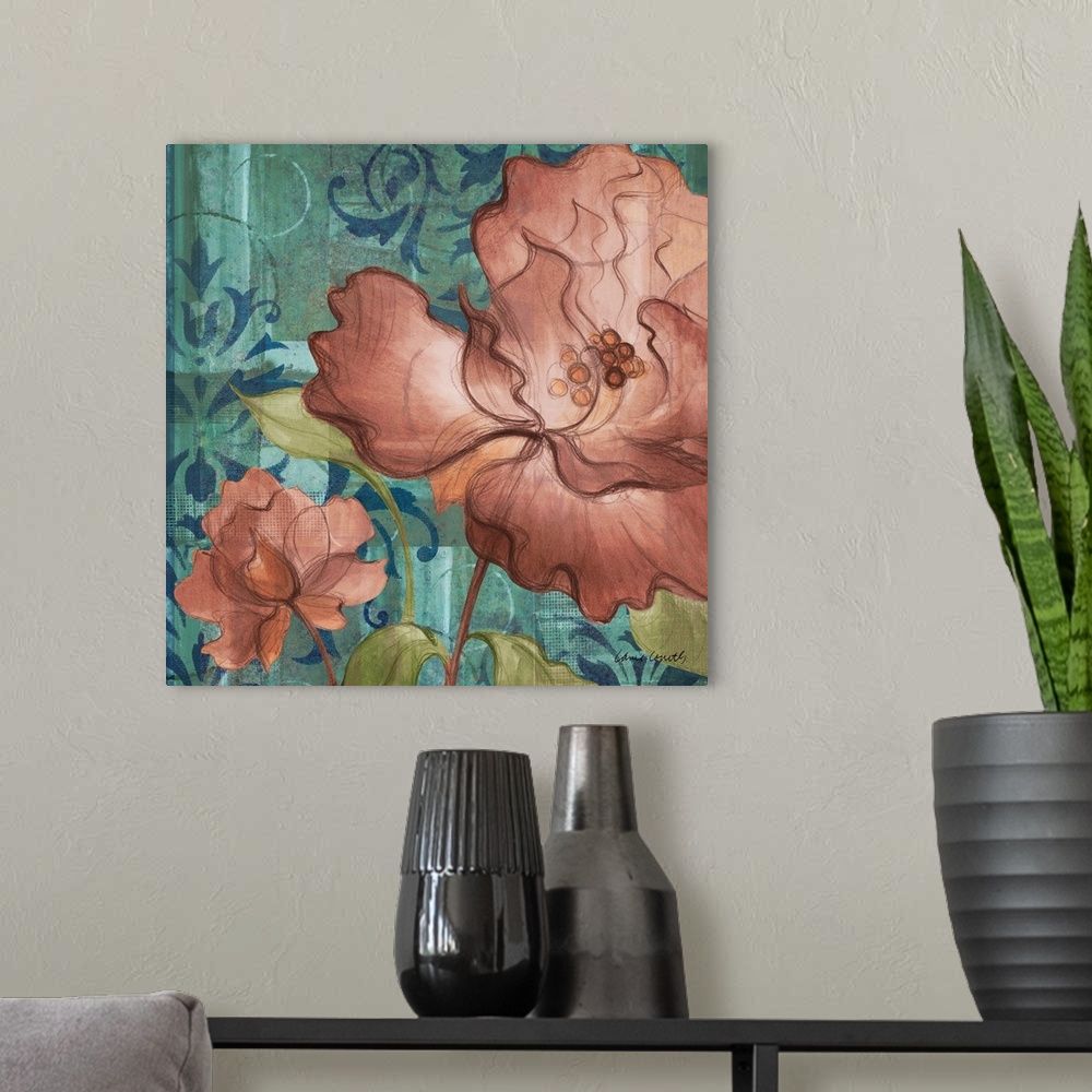 A modern room featuring Contemporary painting of dark orange lilac flowers against a background of ornate designs.