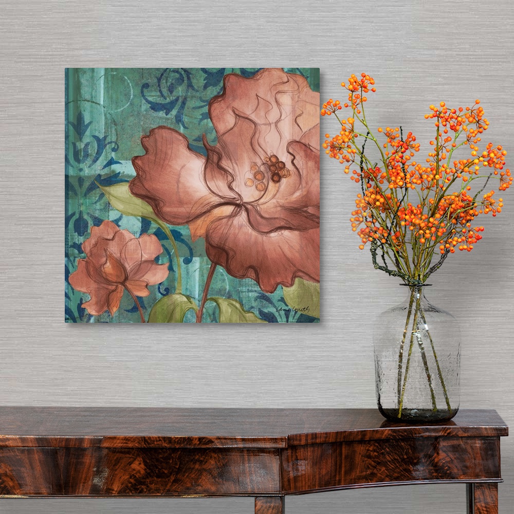A traditional room featuring Contemporary painting of dark orange lilac flowers against a background of ornate designs.