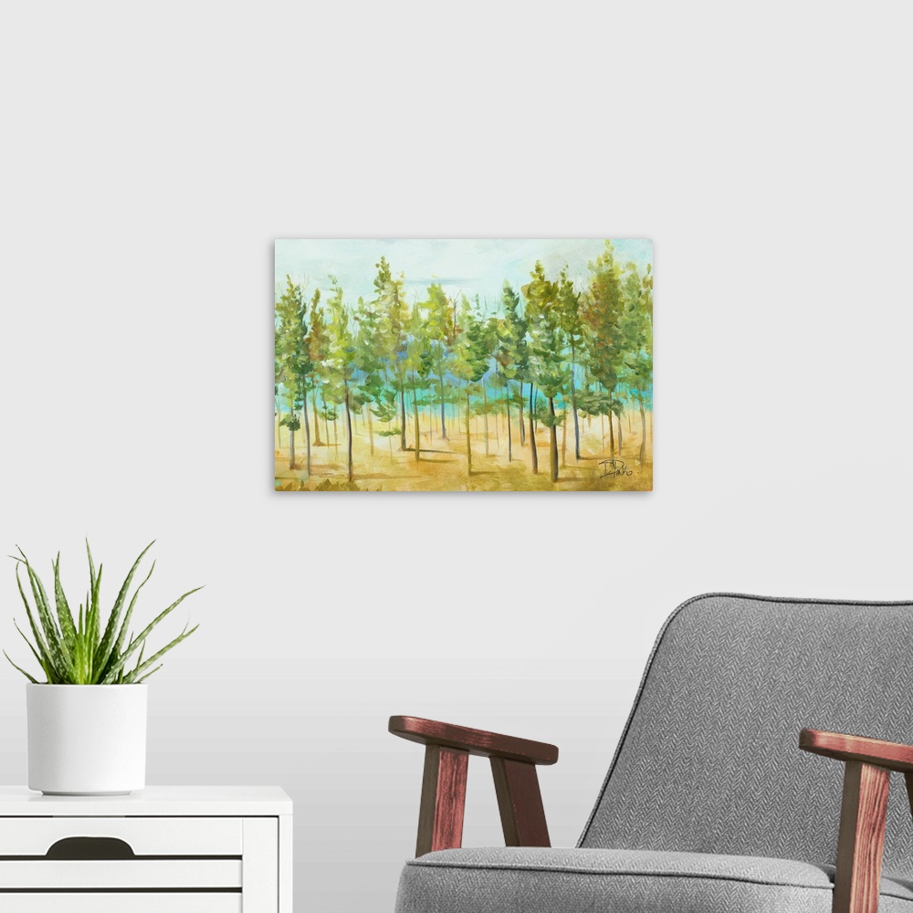 A modern room featuring Contemporary painting of a row of thin trees with bright green leaves.