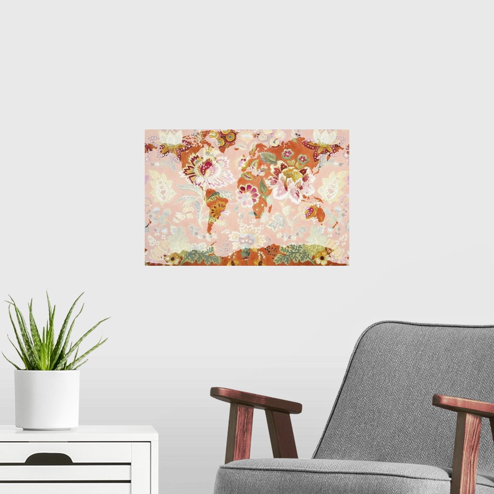 A modern room featuring A map of the world with a bright orange floral pattern.