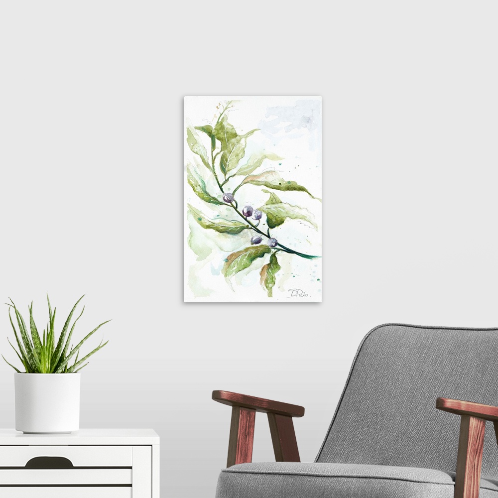 A modern room featuring A watercolor painting of a branch with leaves and berries.
