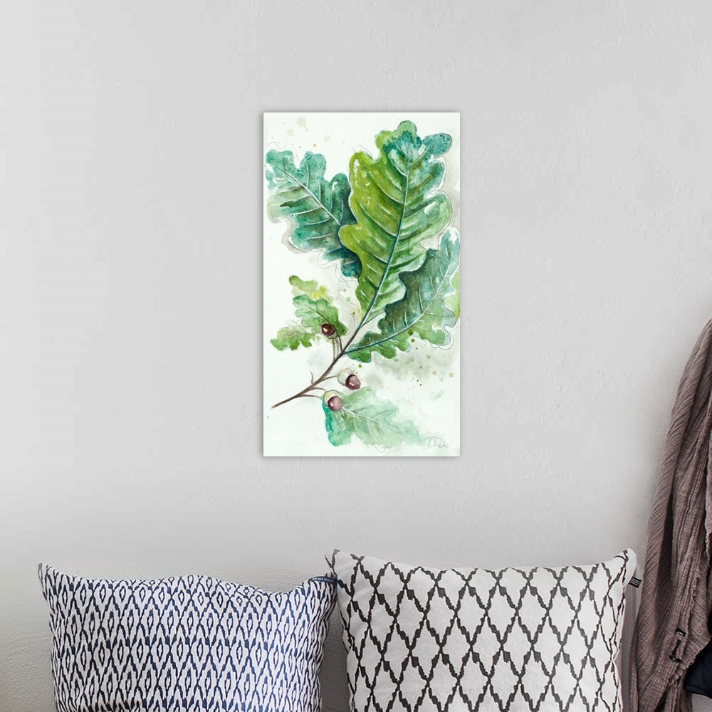 A bohemian room featuring A watercolor painting of a branch with leaves and berries.