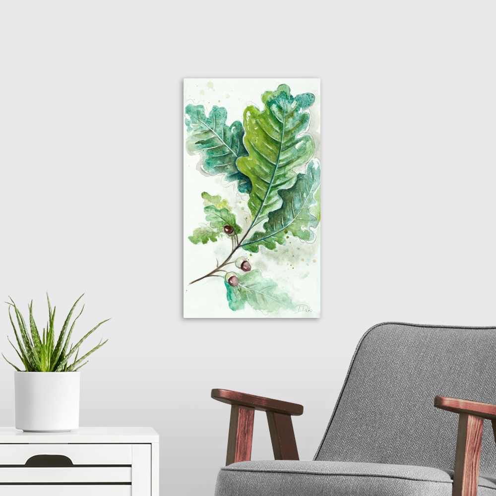 A modern room featuring A watercolor painting of a branch with leaves and berries.