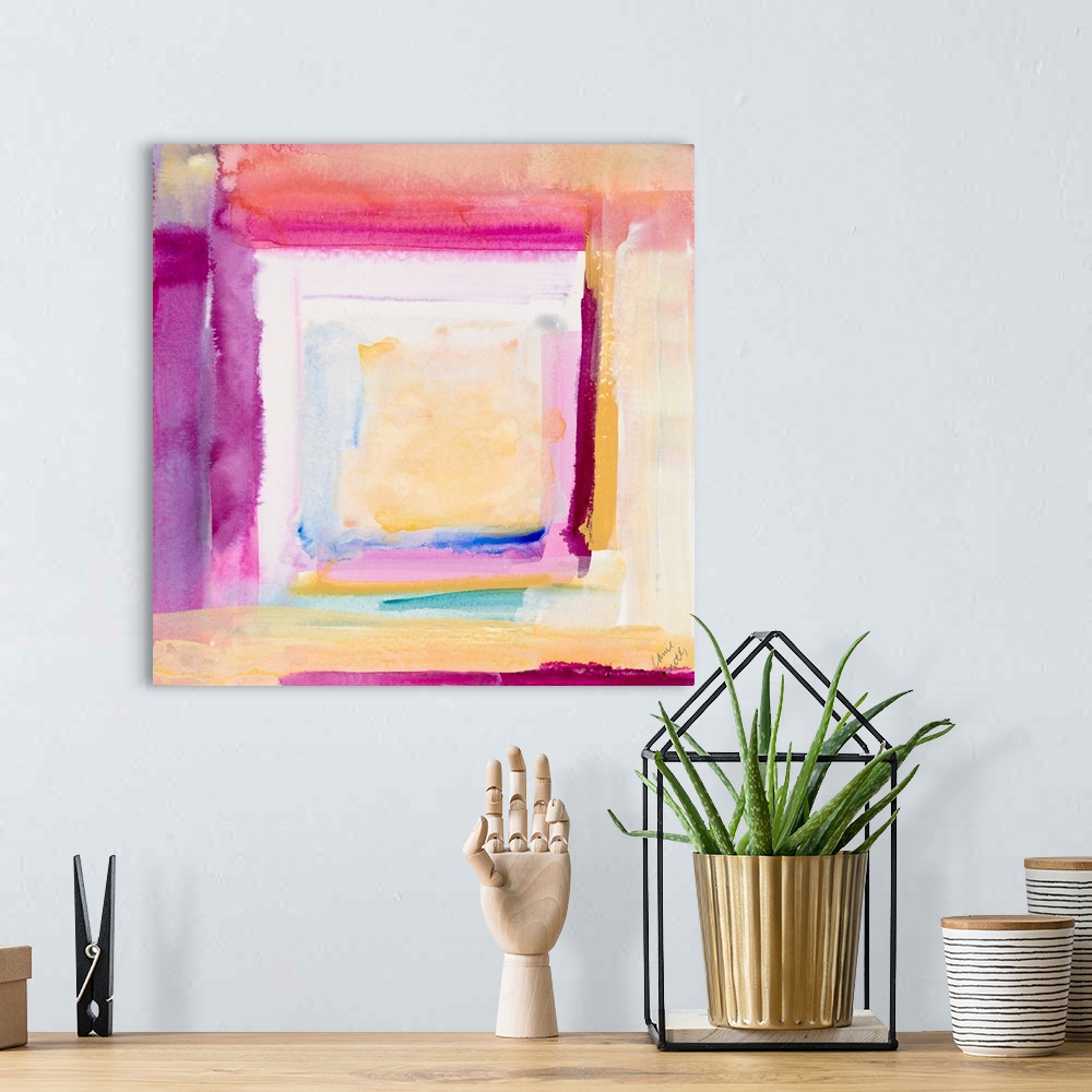 A bohemian room featuring This abstract artwork features bright blocks of color scattered in a energetic manner.