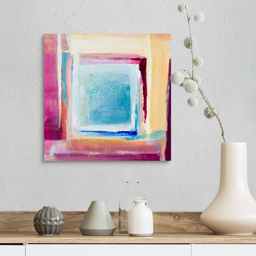 A farmhouse room featuring This abstract artwork features bright blocks of color scattered in a energetic manner.