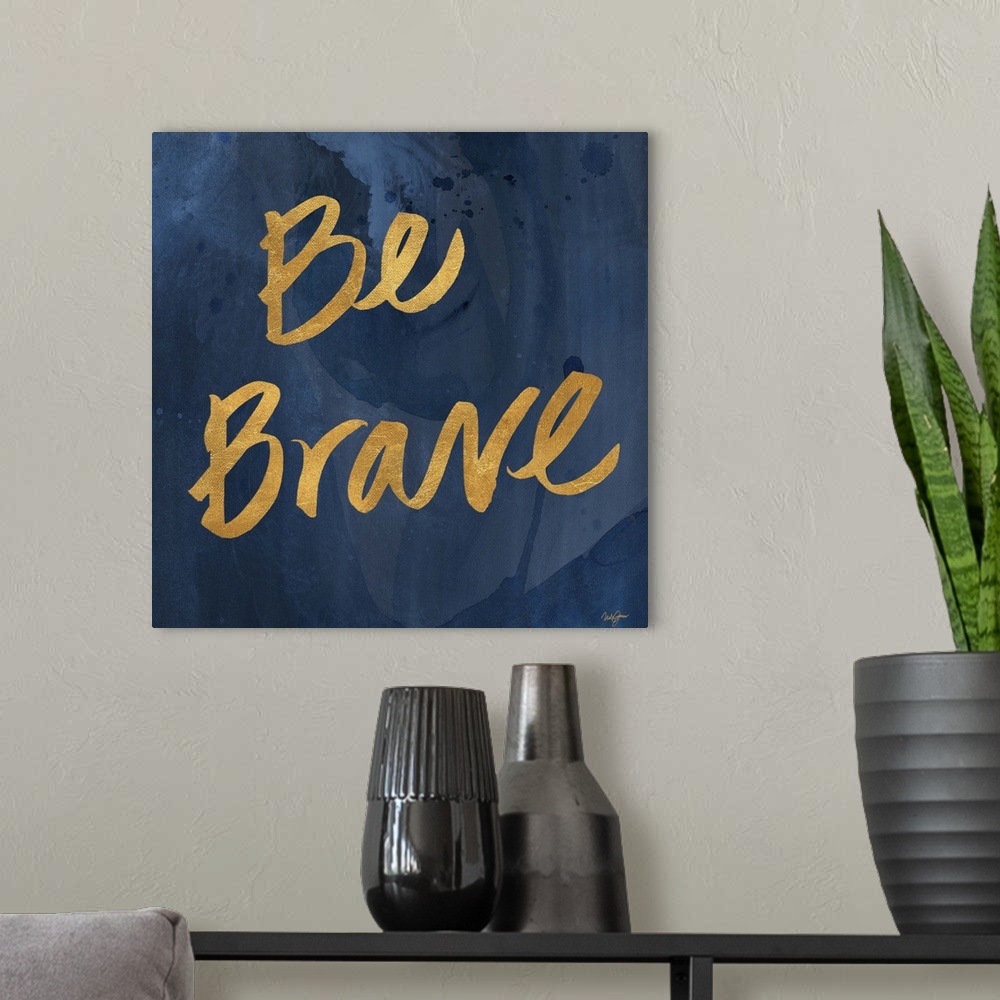 A modern room featuring Golden handlettered text over a painted navy background.