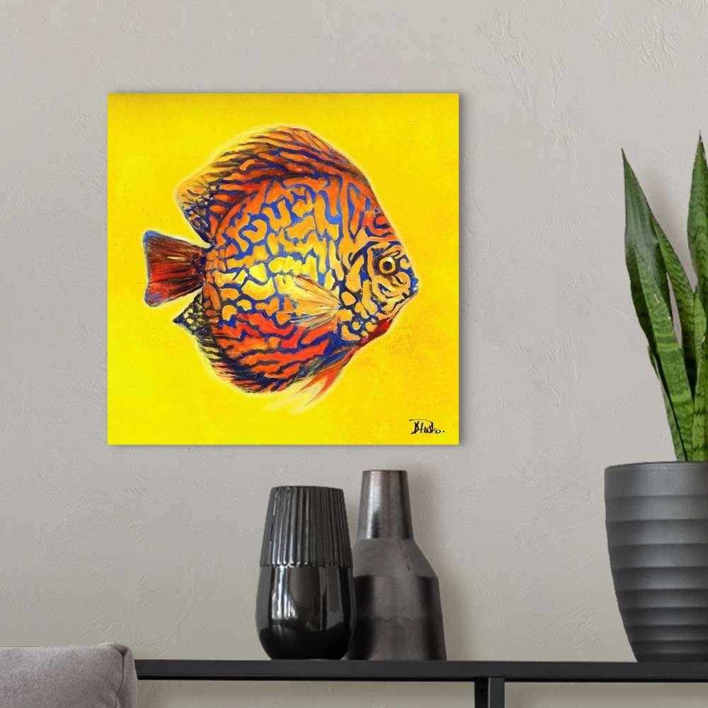 A modern room featuring Contemporary painting of a tropical fish against a bright yellow background.