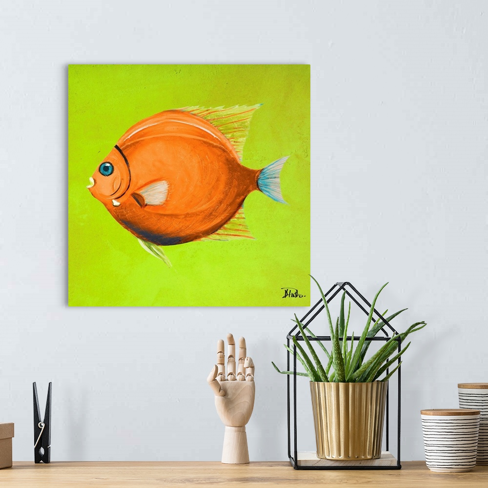 A bohemian room featuring Contemporary painting of a tropical fish against a bright green background.