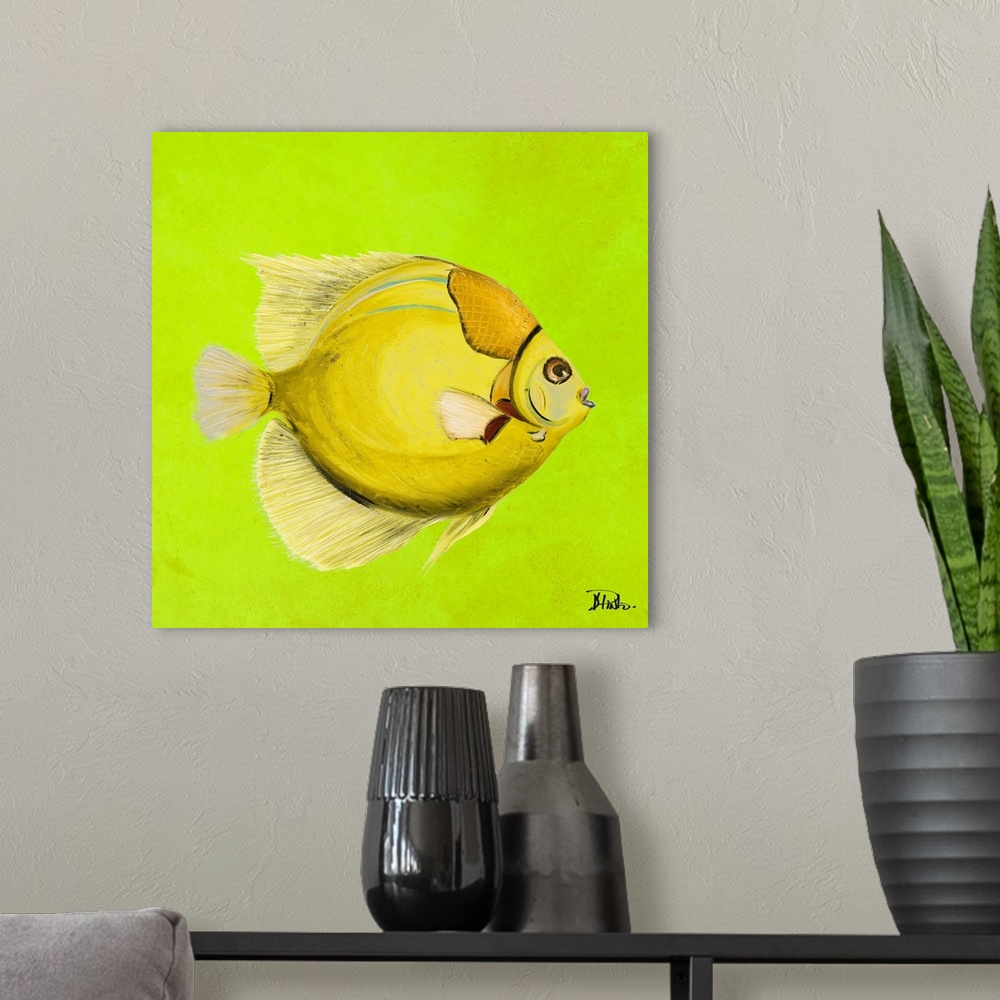 A modern room featuring Contemporary painting of a tropical fish against a bright green background.