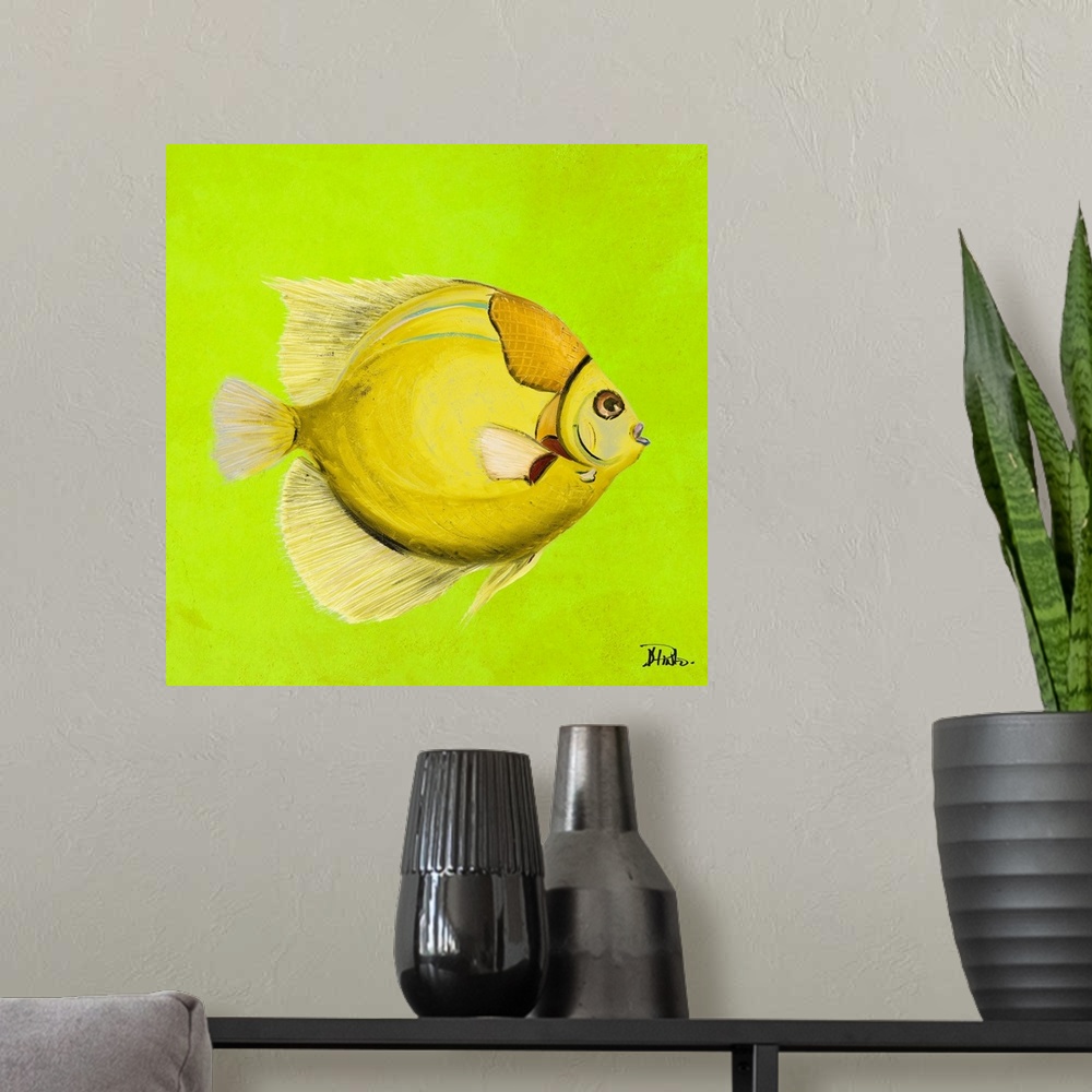 A modern room featuring Contemporary painting of a tropical fish against a bright green background.