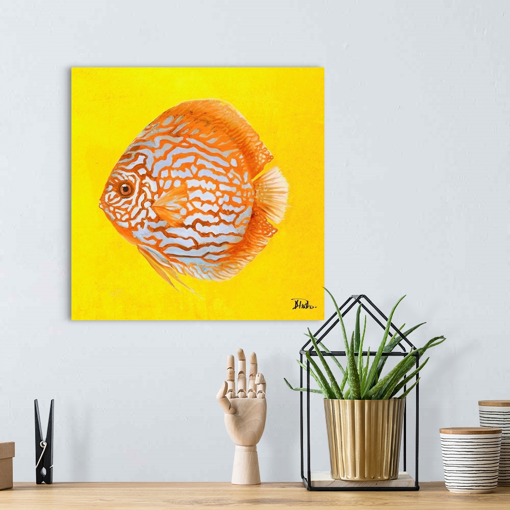 A bohemian room featuring Contemporary painting of a tropical fish against a bright yellow background.