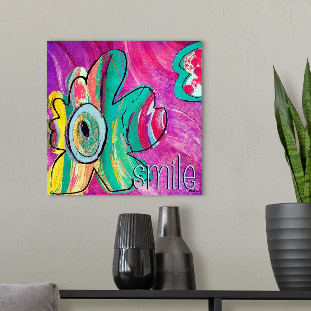 A modern room featuring A colorful abstract painting of flowers with the word "smile" at the bottom right corner.