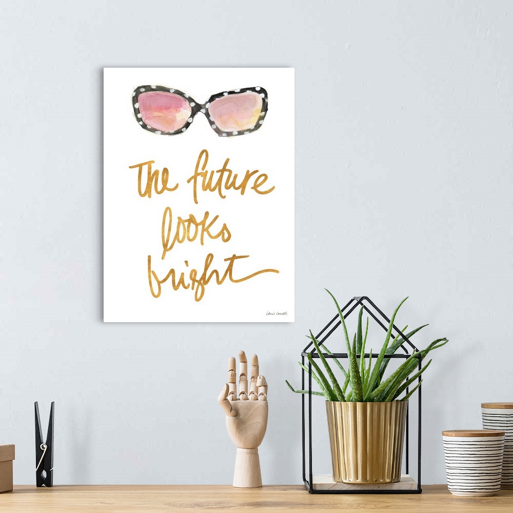 A bohemian room featuring Watercolor painting of a pair of black sunglasses with white polka dots and the phrase "The futur...