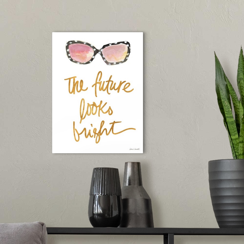 A modern room featuring Watercolor painting of a pair of black sunglasses with white polka dots and the phrase "The futur...