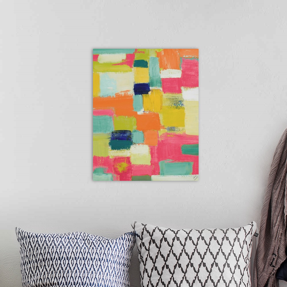 A bohemian room featuring Bright and vivid abstract painting.